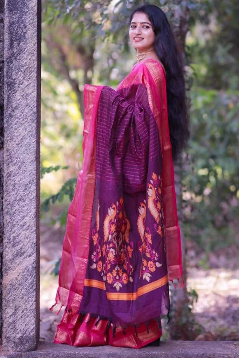 Sensational Purple Cotton Silk Saree With Innovative Blouse Piece - Image 6