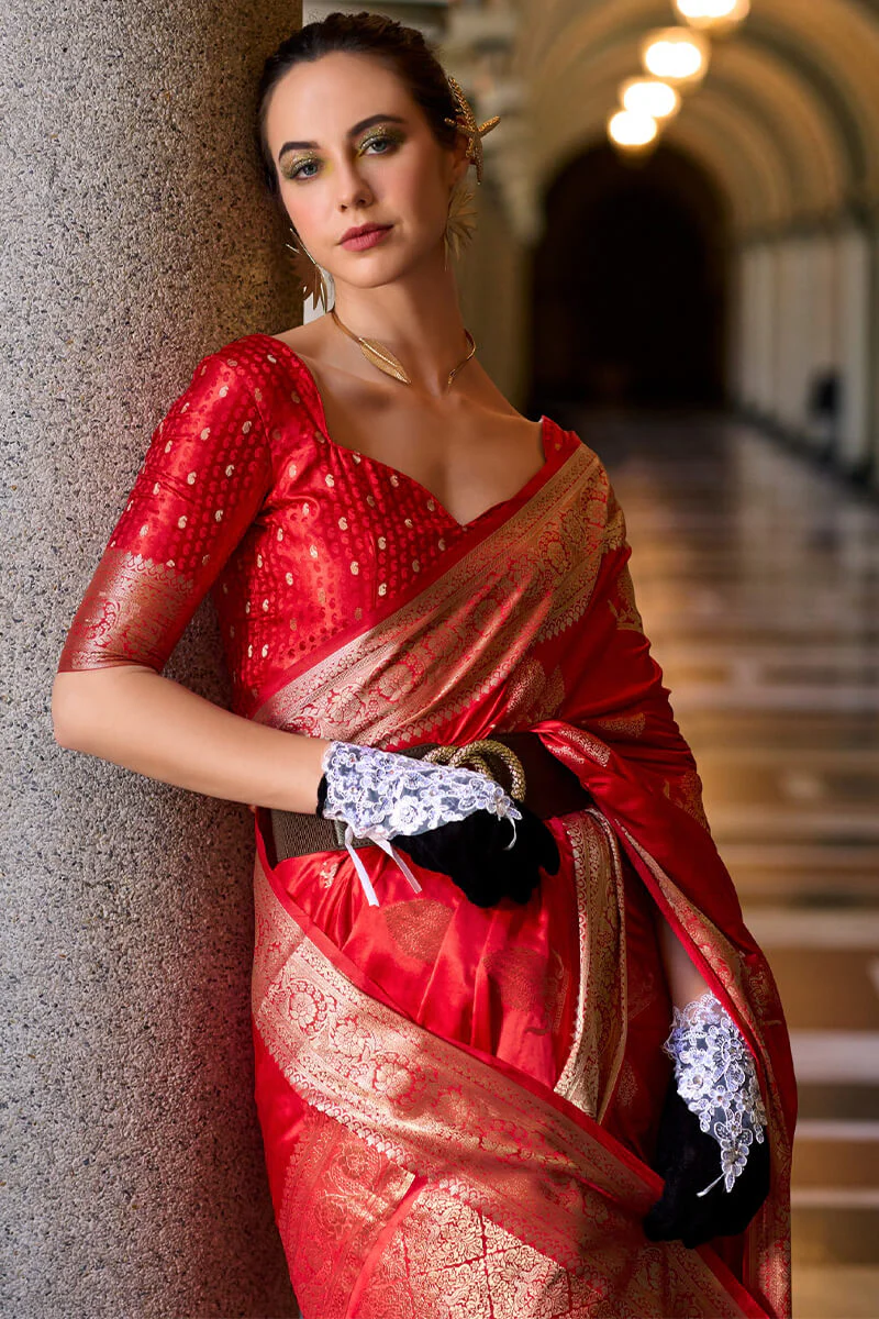 Sensational Red Banarasi Satin Silk Saree With Wonderful Blouse - Image 2