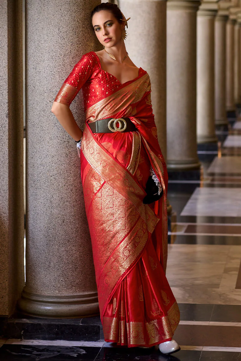 Sensational Red Banarasi Satin Silk Saree With Wonderful Blouse - Image 3