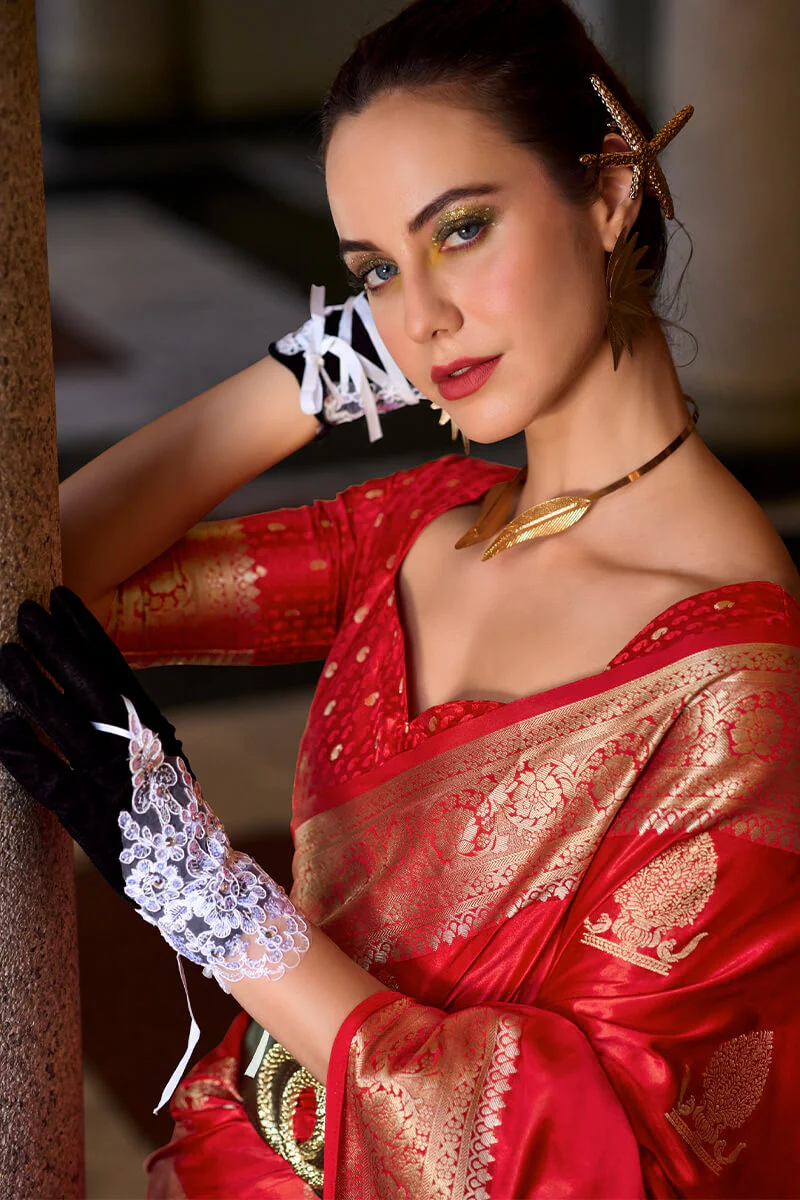 Sensational Red Banarasi Satin Silk Saree With Wonderful Blouse - Image 4