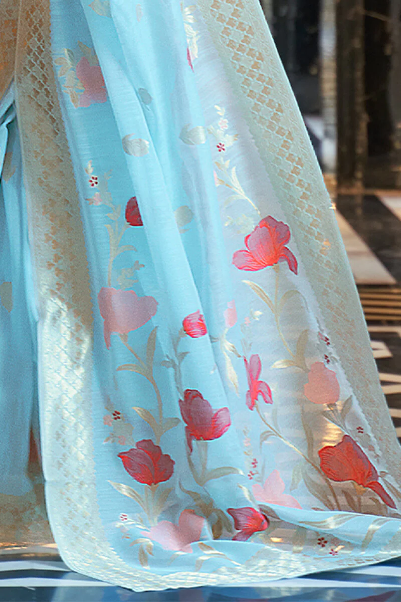 Sensational Sky Cotton Silk Saree With Gorgeous Blouse Piece - Image 3