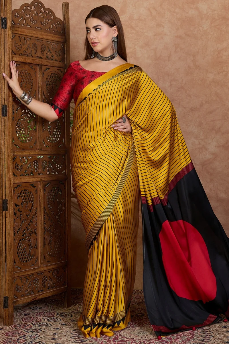 Sensational Yellow Ajrakh Printed Semi Modal Silk Saree With Resonant Blouse Piece - Image 3