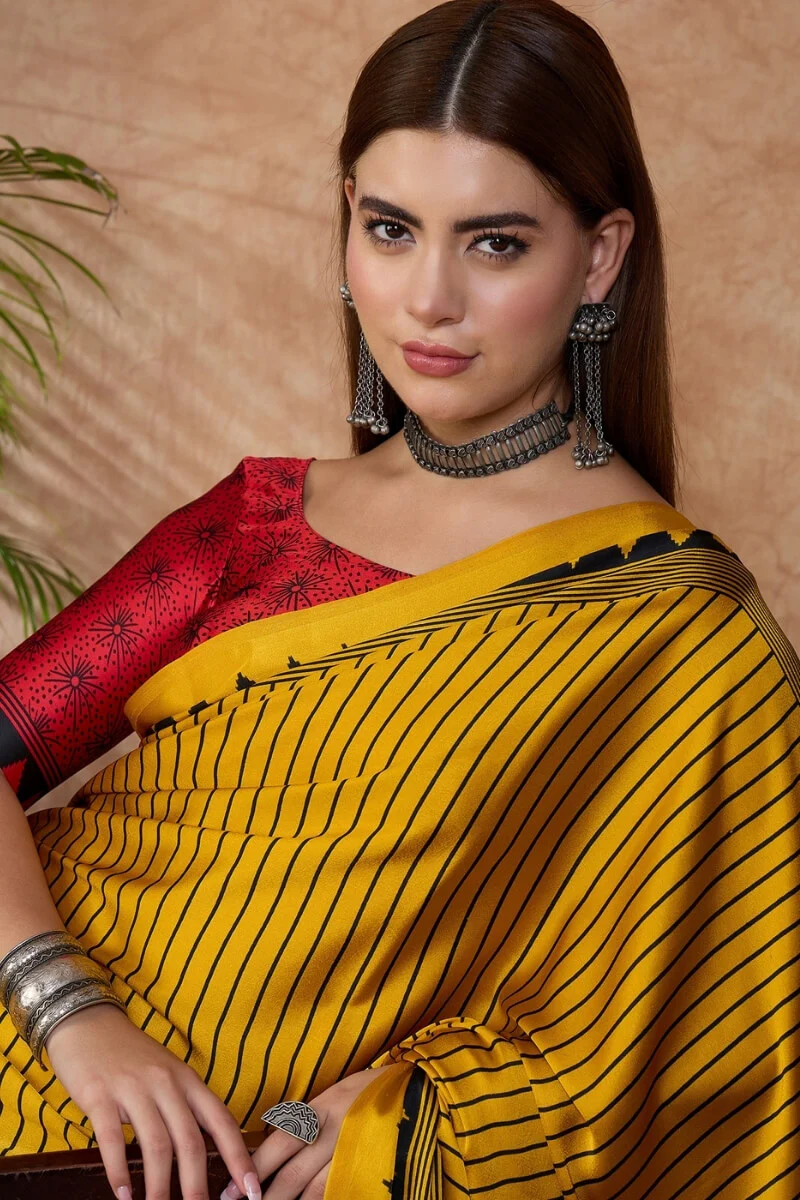 Sensational Yellow Ajrakh Printed Semi Modal Silk Saree With Resonant Blouse Piece - Image 4