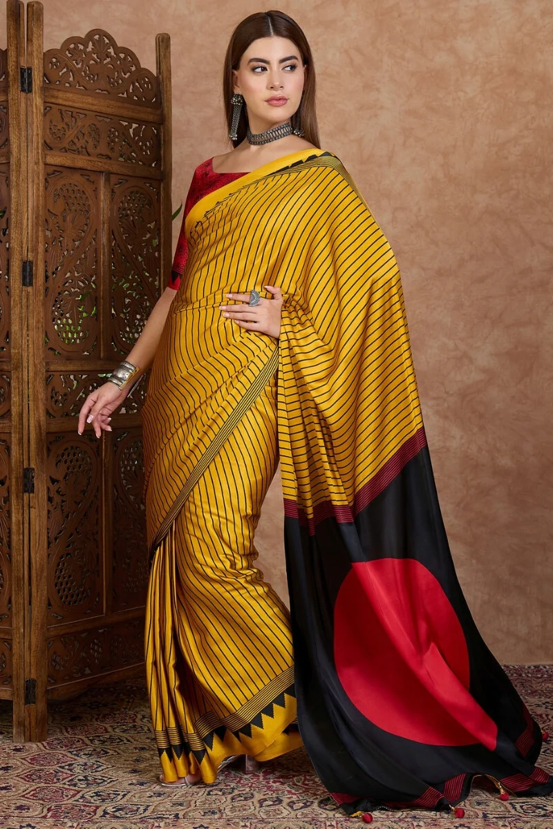 Sensational Yellow Ajrakh Printed Semi Modal Silk Saree With Resonant Blouse Piece - Image 5
