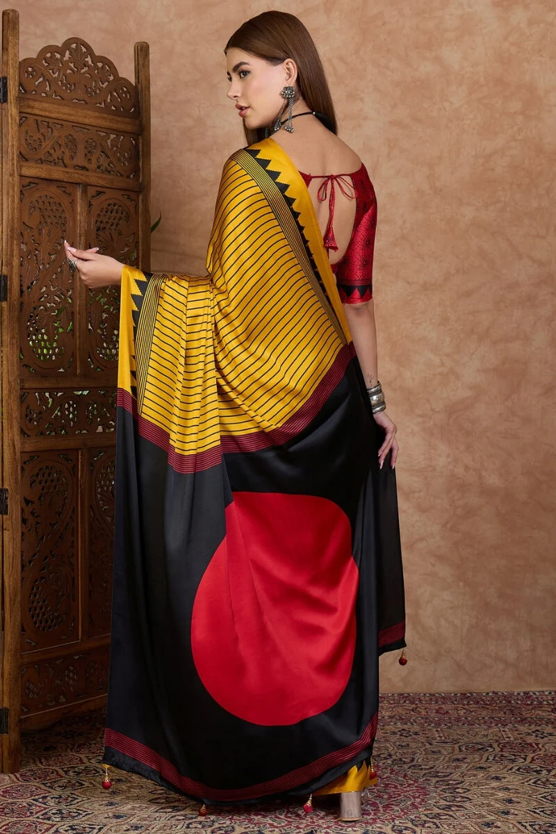 Sensational Yellow Ajrakh Printed Semi Modal Silk Saree With Resonant Blouse Piece - Image 7