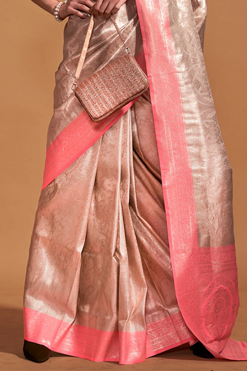 Seraglio Beige and Pink Kanjivaram Silk Saree With Profuse Blouse Piece - Image 3