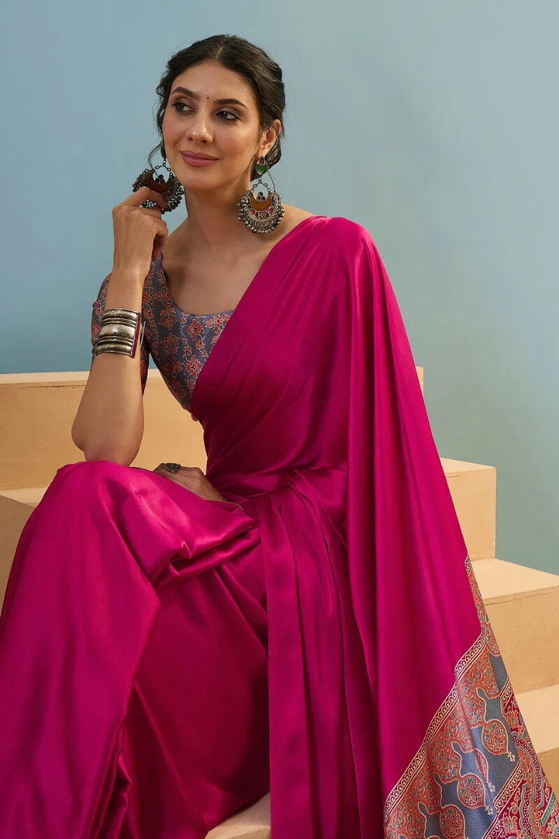 Seraglio Dark Pink Ajrakh Printed Semi Modal Silk Saree With Woebegone Blouse Piece - Image 2