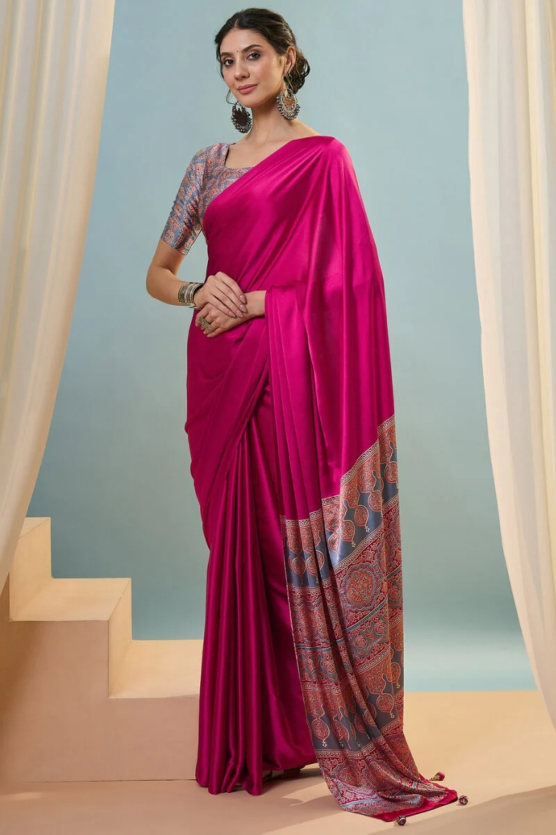 Seraglio Dark Pink Ajrakh Printed Semi Modal Silk Saree With Woebegone Blouse Piece - Image 5