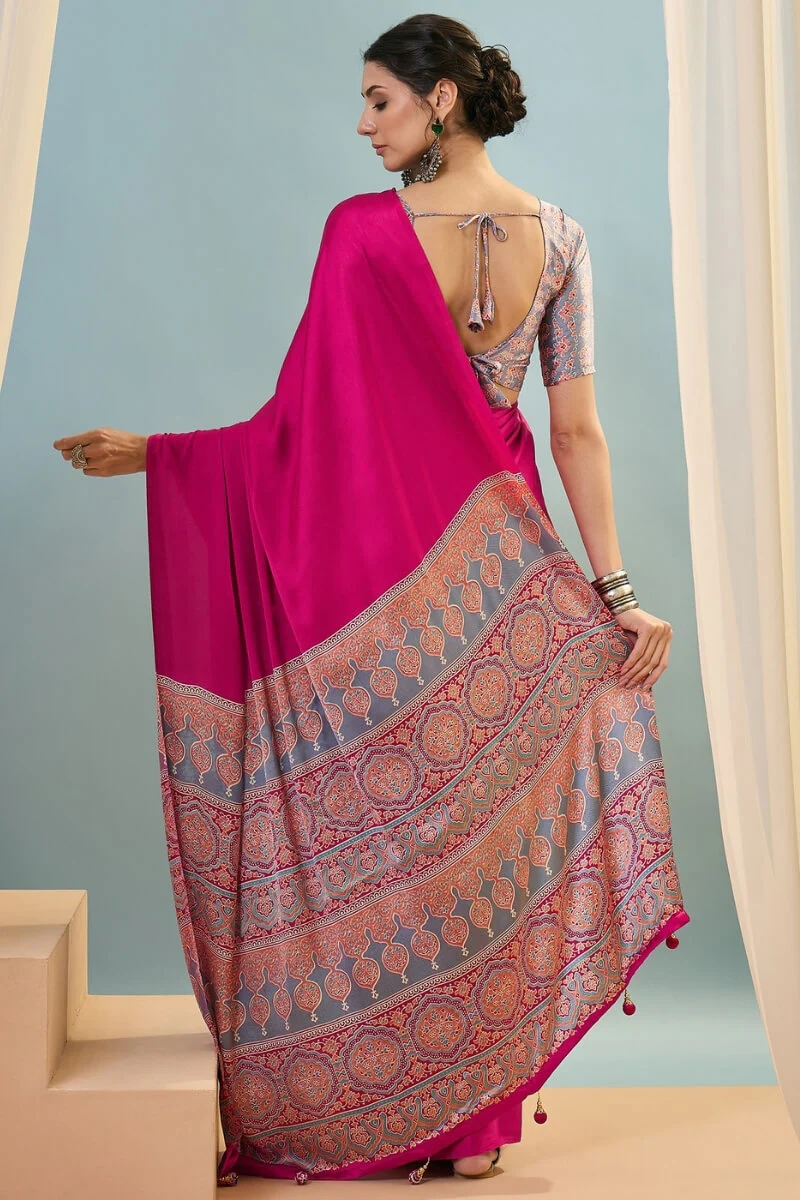Seraglio Dark Pink Ajrakh Printed Semi Modal Silk Saree With Woebegone Blouse Piece - Image 7