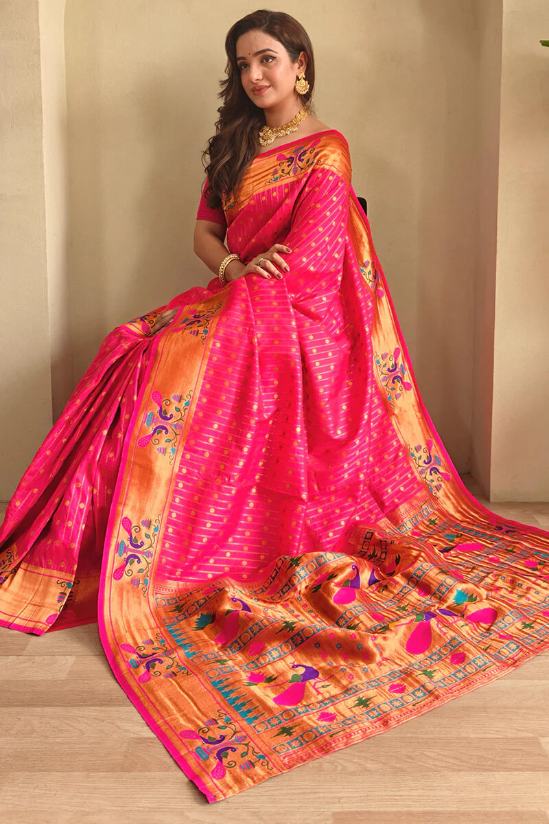Seraglio Dark Pink Paithani Silk Saree With Jubilant Blouse Piece - Image 2