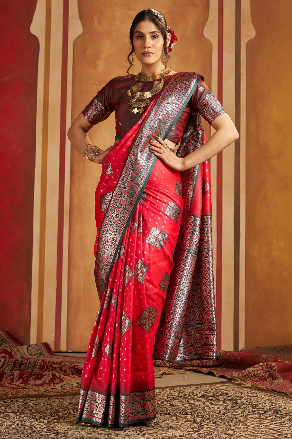 Seraglio Dark Pink Pure Zari Weaving Banarasi Silk Saree With Magnetic Blouse Piece - Image 3
