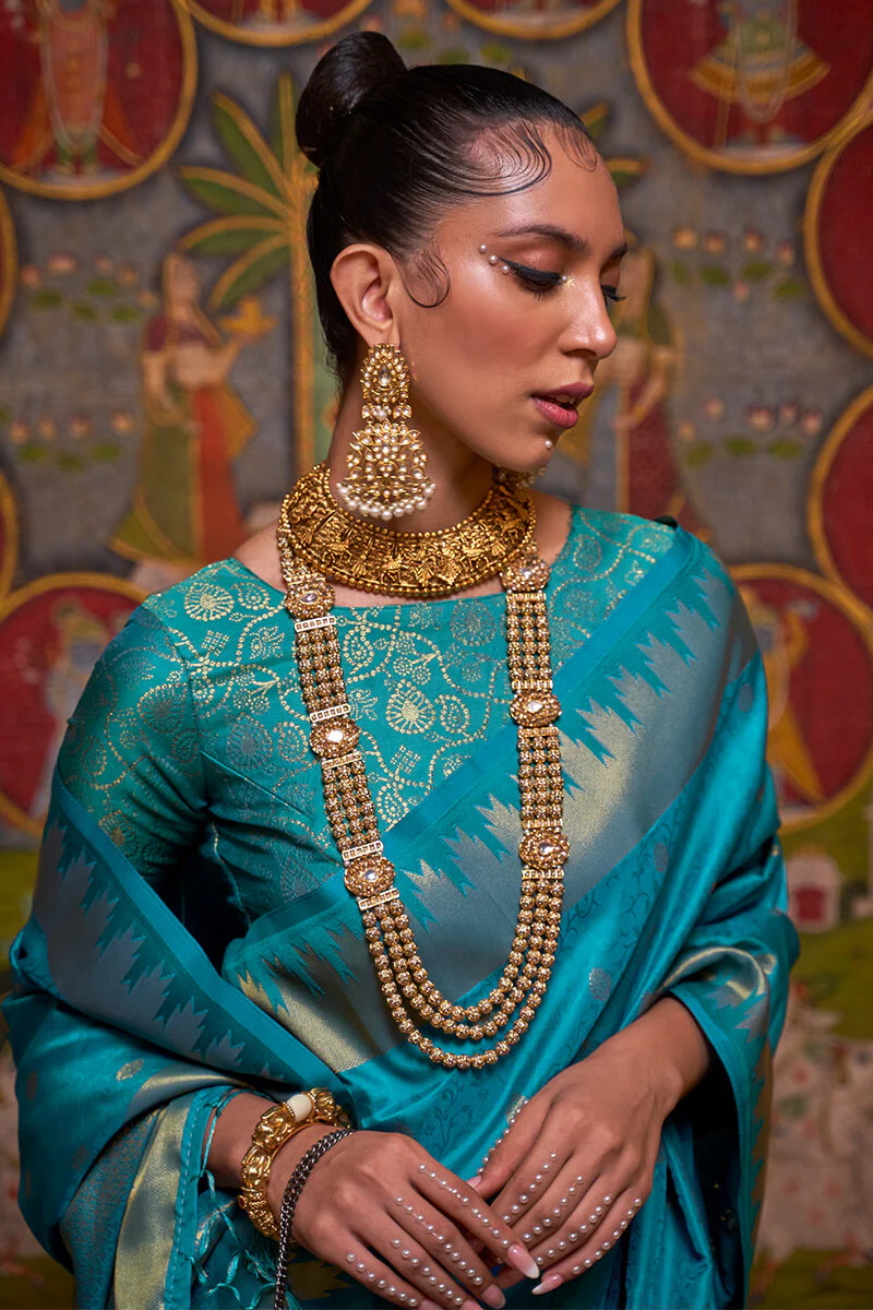 Seraglio Firozi Soft Banarasi Silk Saree With Palimpsest Blouse Piece - Image 2