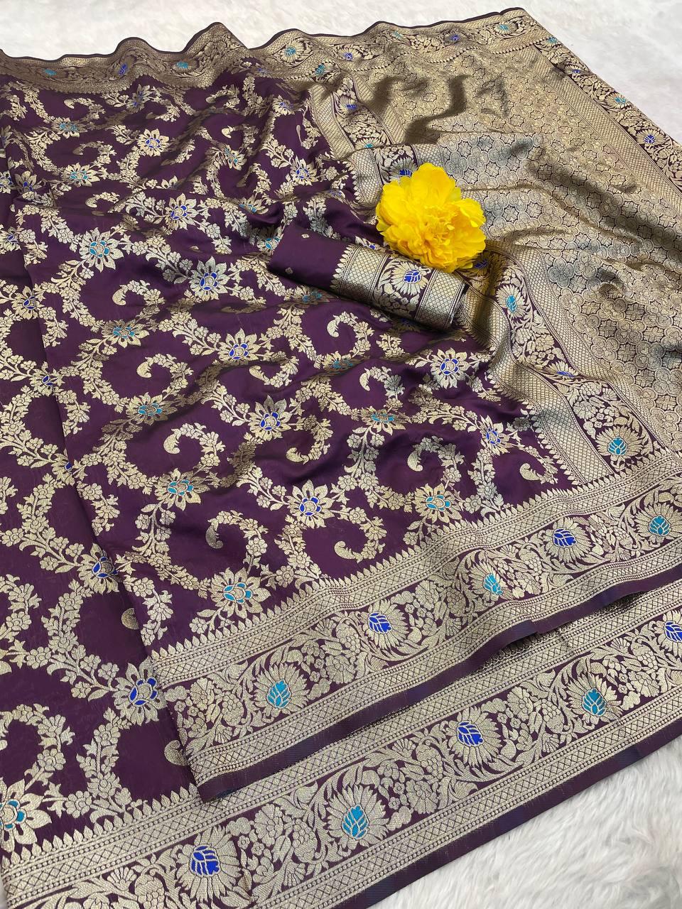 Seraglio Wine Soft Banarasi Silk Saree With Invaluable Blouse Piece - Image 2
