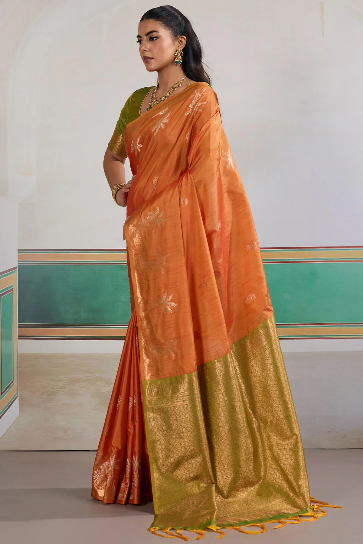 Seraphic Orange Banarasi Tussar Silk Saree With Extraordinary Blouse Piece - Image 3