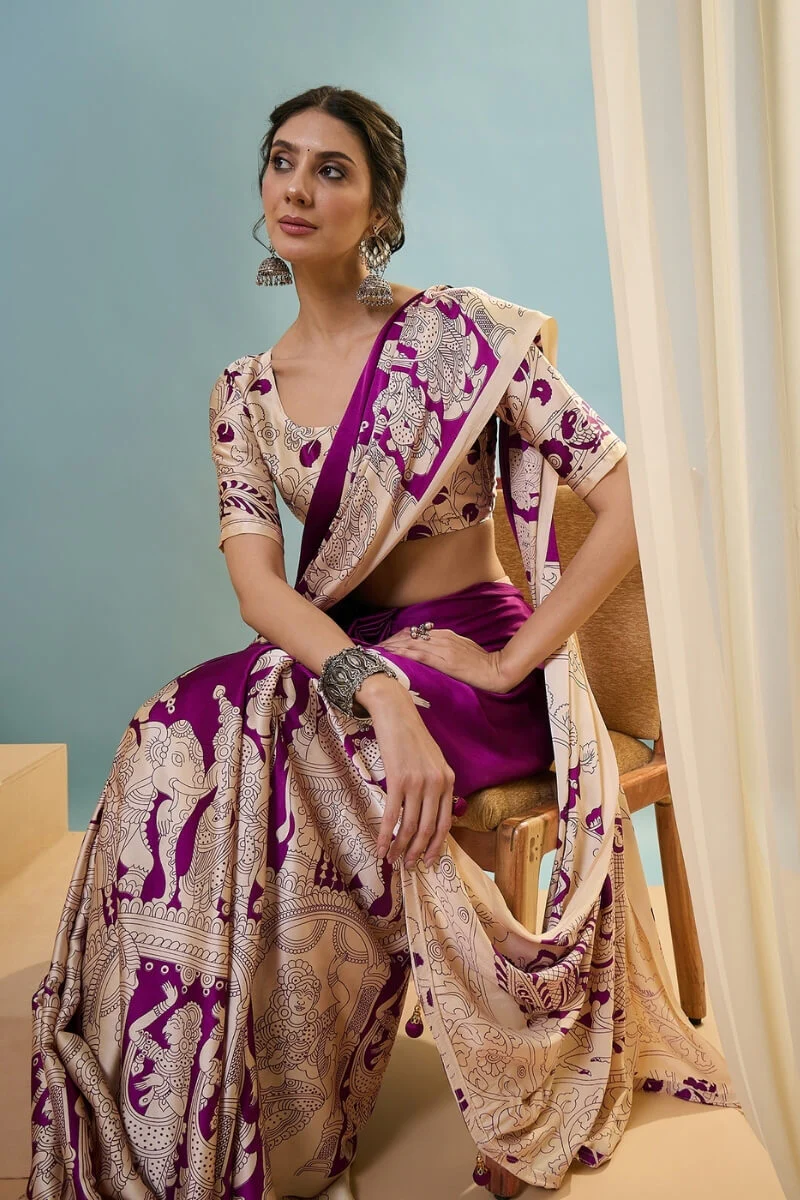 Seraphic Purple Ajrakh Printed Semi Modal Silk Saree With Ailurophile Blouse Piece - Image 2