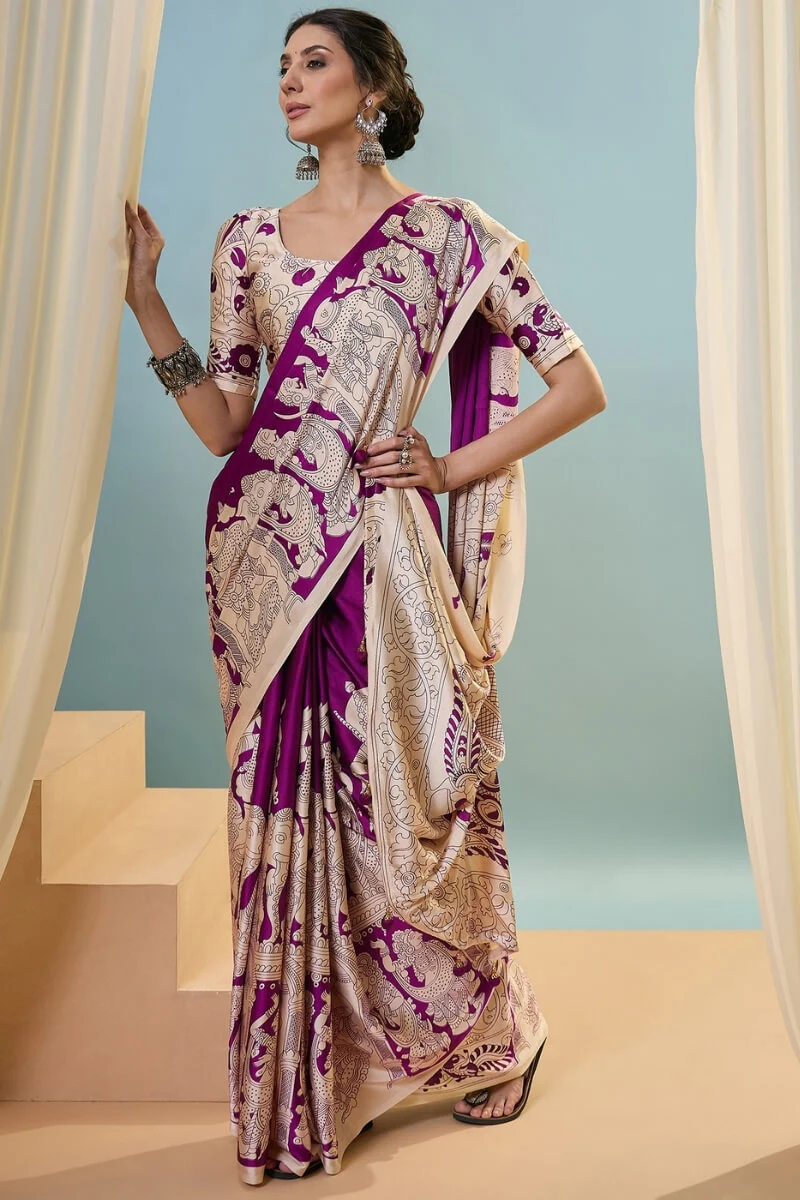 Seraphic Purple Ajrakh Printed Semi Modal Silk Saree With Ailurophile Blouse Piece - Image 3
