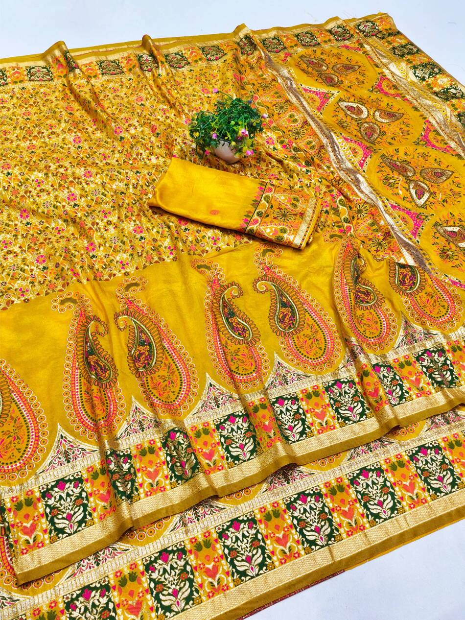Seraphic Yellow Nylon Dola Pashmina Saree With Resplendent Blouse Piece - Image 3