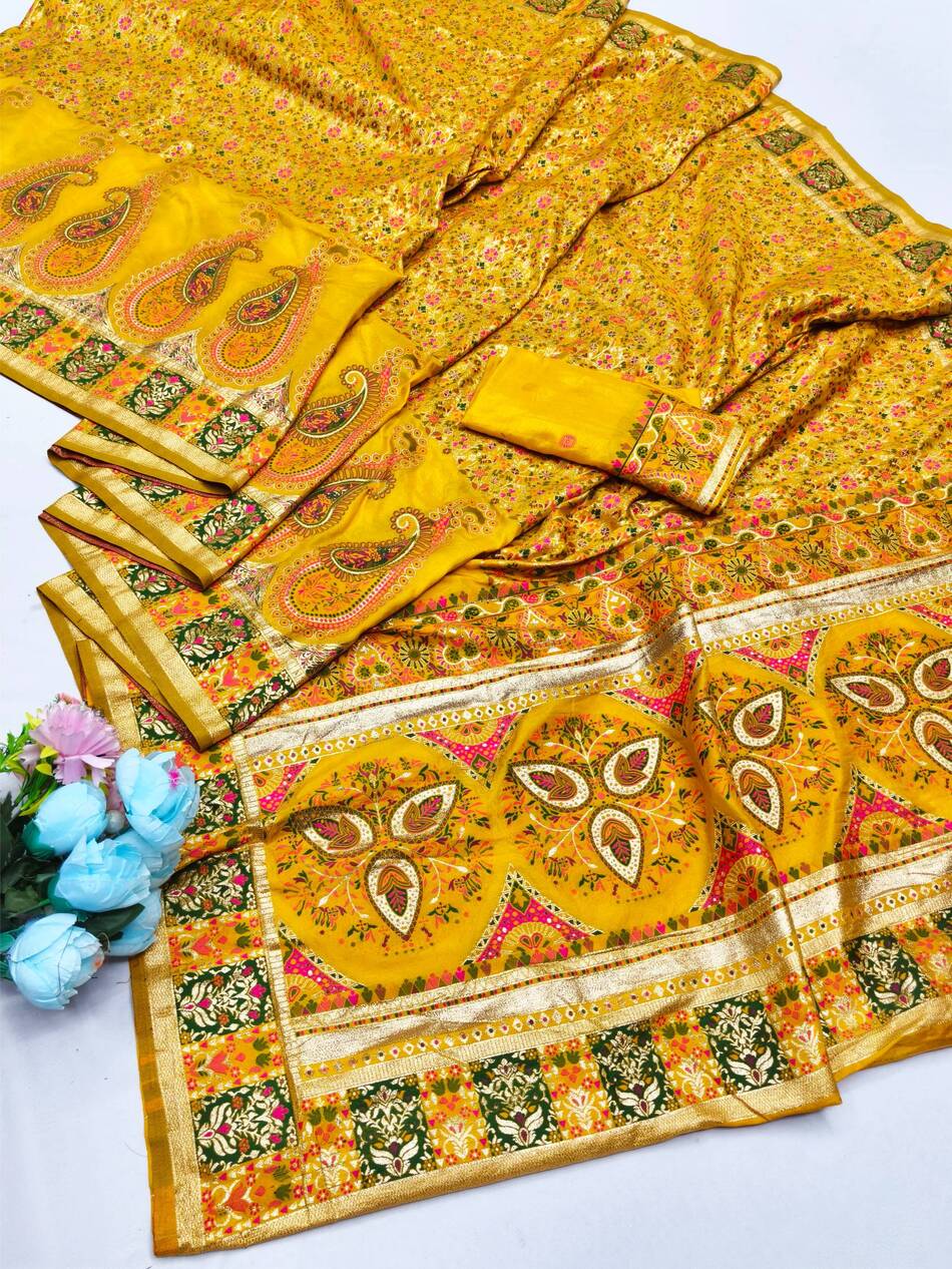 Seraphic Yellow Nylon Dola Pashmina Saree With Resplendent Blouse Piece - Image 5