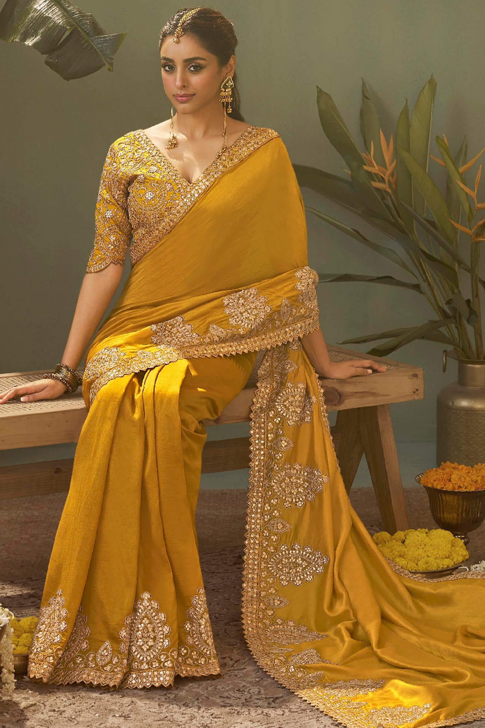 Seraphic Yellow Soft Silk Embroidery Work Saree With Dazzling Blouse Piece - Image 3