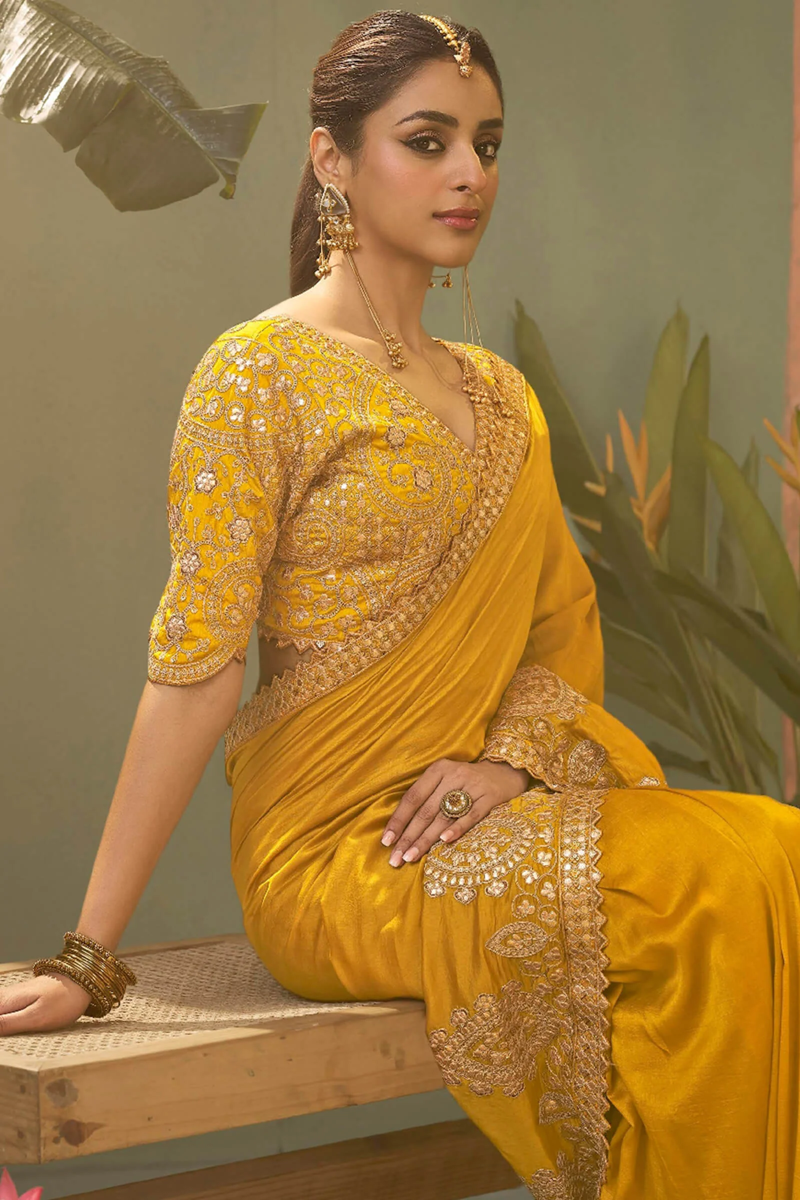 Seraphic Yellow Soft Silk Embroidery Work Saree With Dazzling Blouse Piece - Image 5