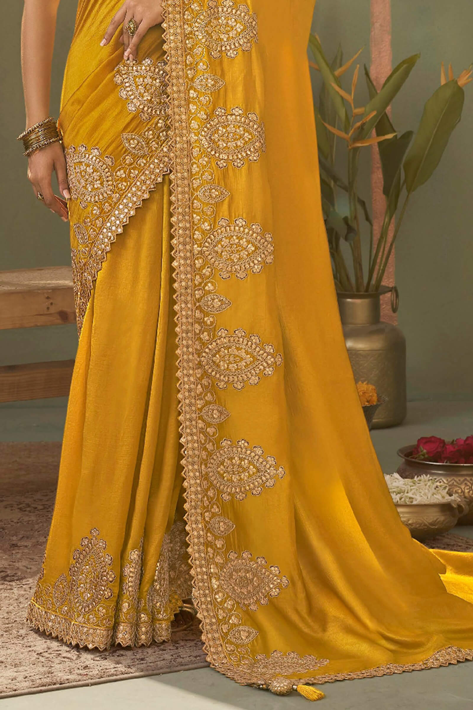 Seraphic Yellow Soft Silk Embroidery Work Saree With Dazzling Blouse Piece - Image 6