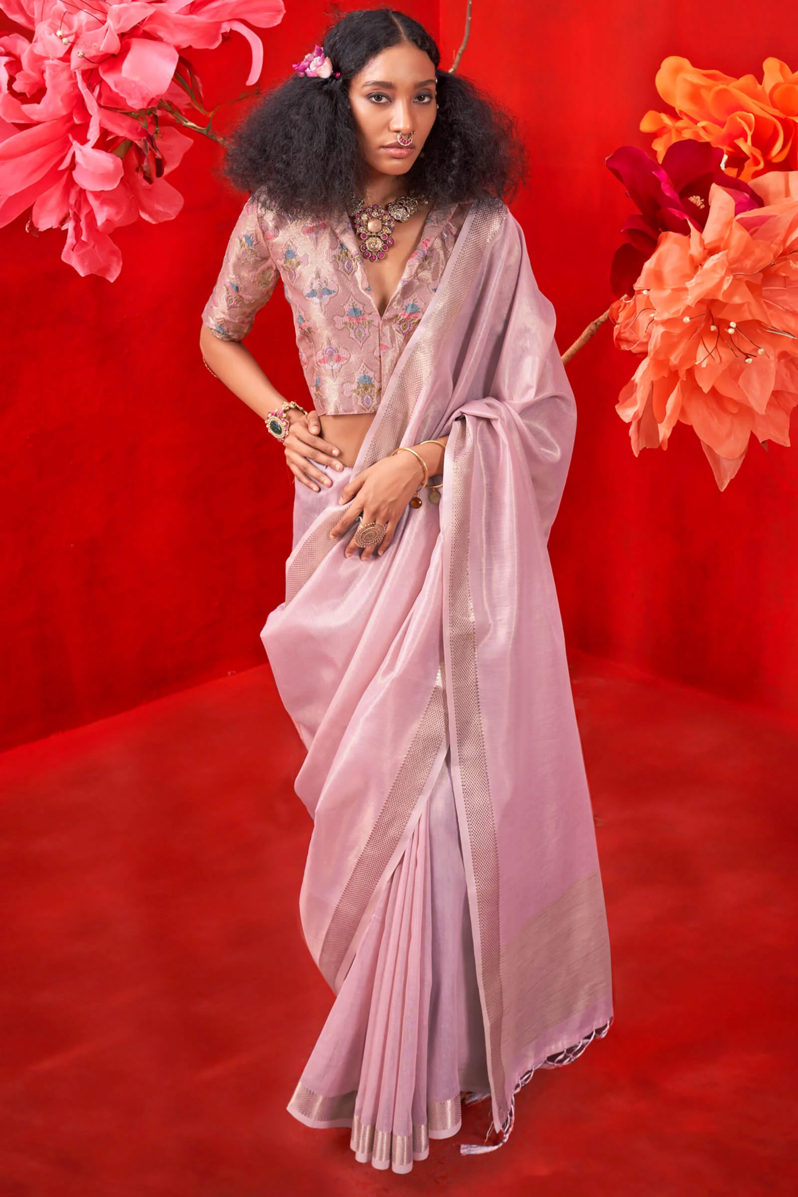 Serendipity Baby Pink Soft Banarasi Tissue Silk Saree With Snappy Blouse Piece - Image 3
