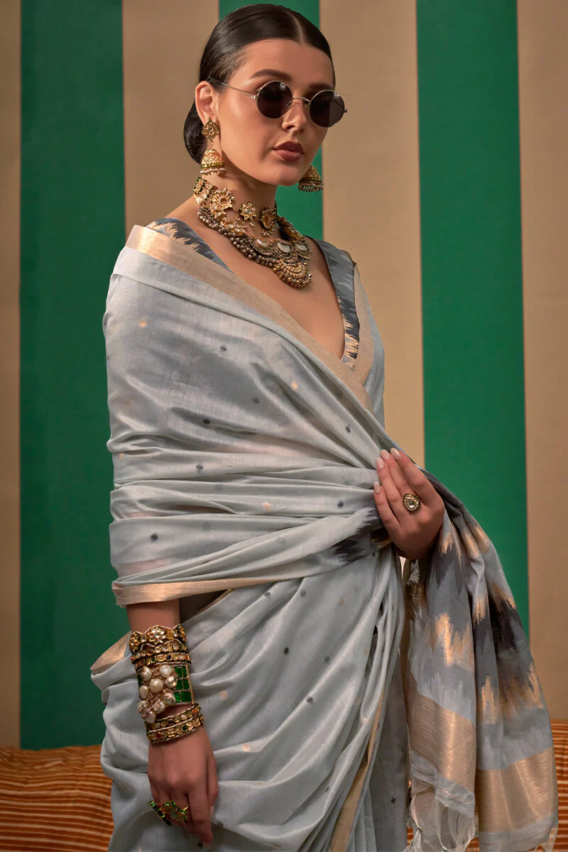 Serendipity Grey Cotton Silk Saree With Palimpsest Blouse Piece - Image 3
