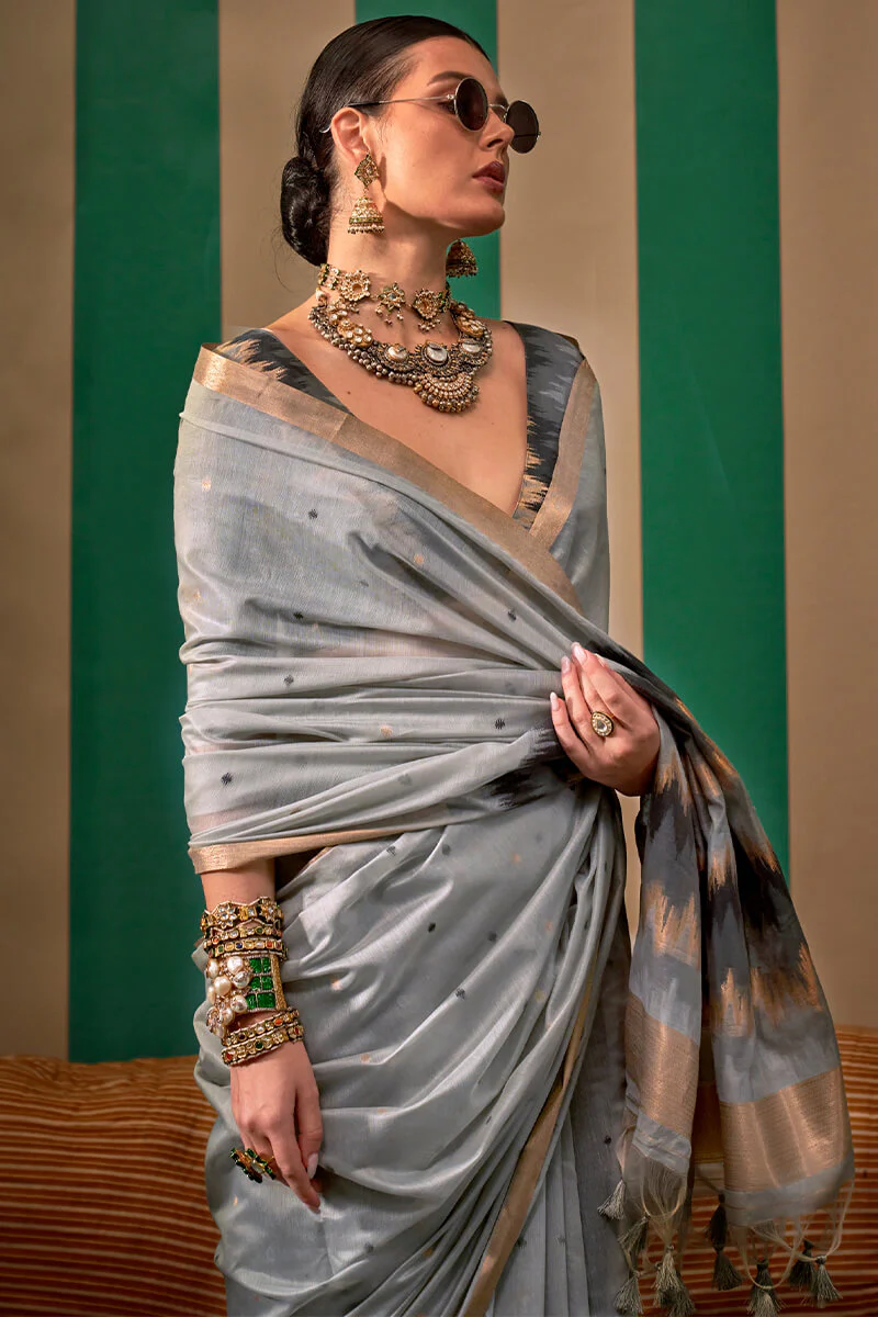 Serendipity Grey Cotton Silk Saree With Palimpsest Blouse Piece - Image 4