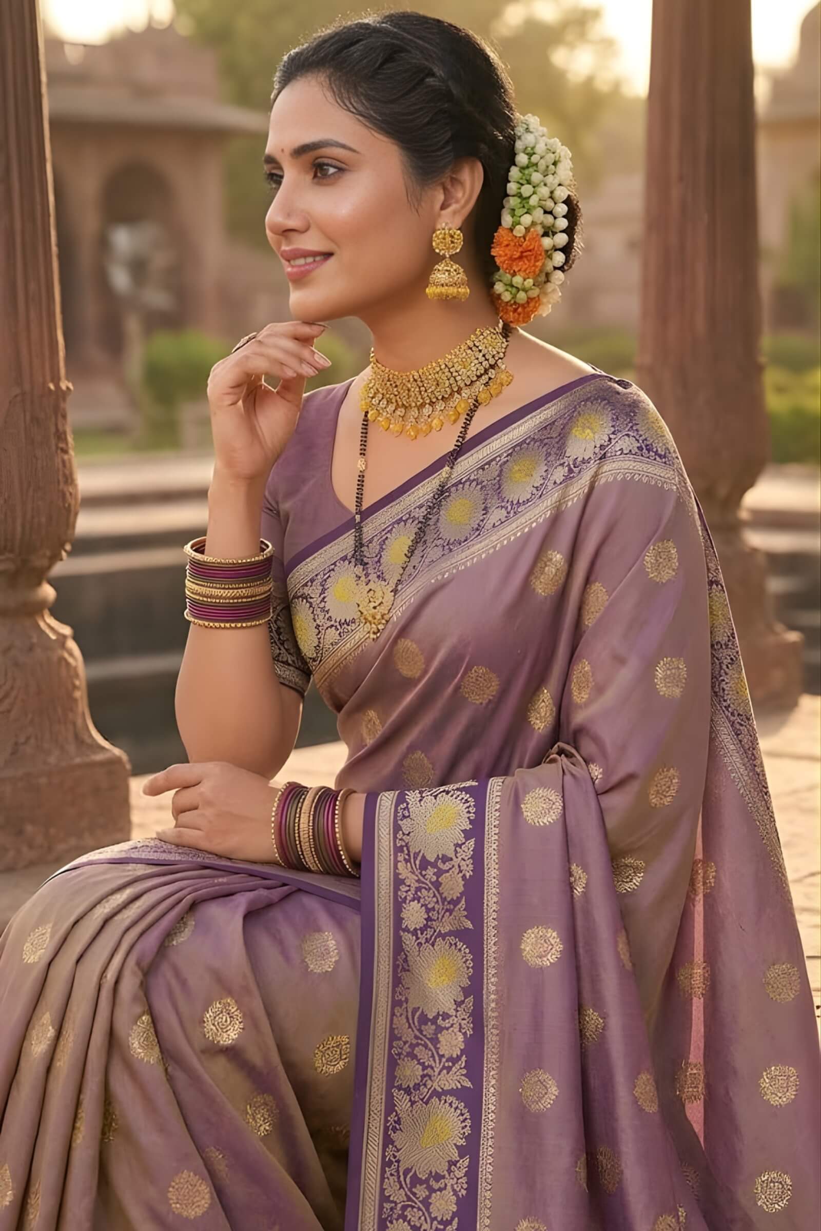 Serendipity Lavender Pure Zari Weaving Banarasi Silk Saree With Opulent Blouse Piece - Image 3