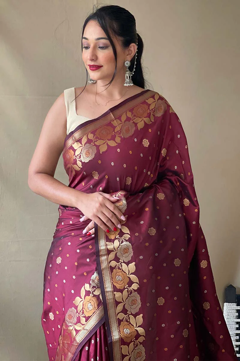 Serendipity Maroon Soft Banarasi Silk Saree With Woebegone Blouse Piece - Image 2