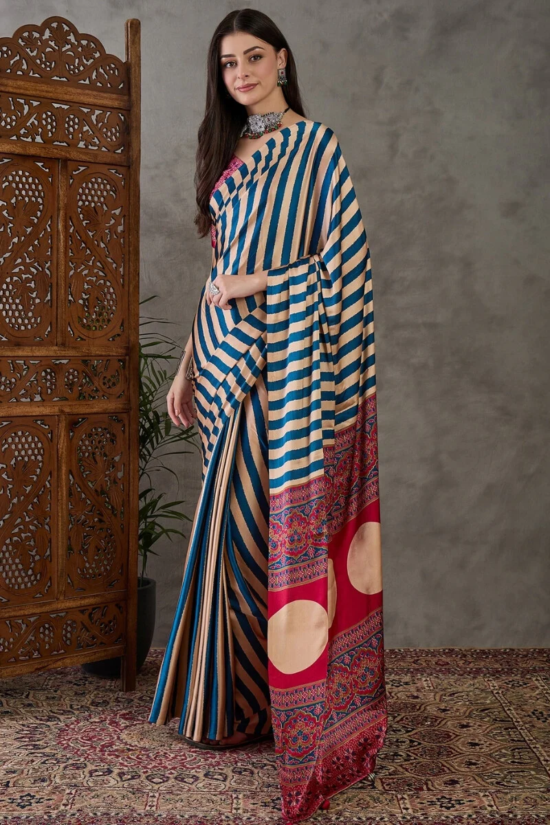 Serendipity Navy Blue Ajrakh Printed Semi Modal Silk Saree With Unique Blouse Piece - Image 3