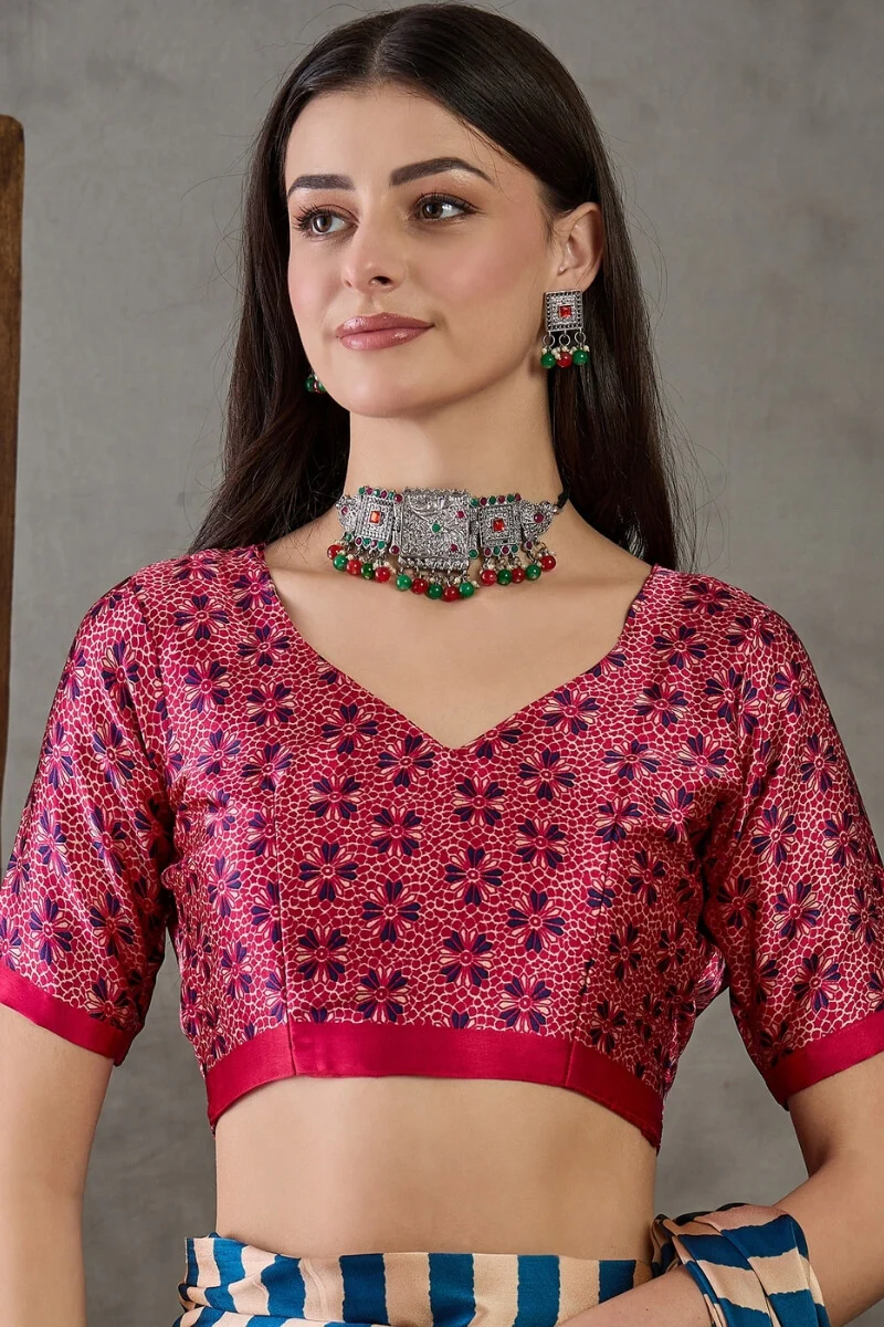 Serendipity Navy Blue Ajrakh Printed Semi Modal Silk Saree With Unique Blouse Piece - Image 4