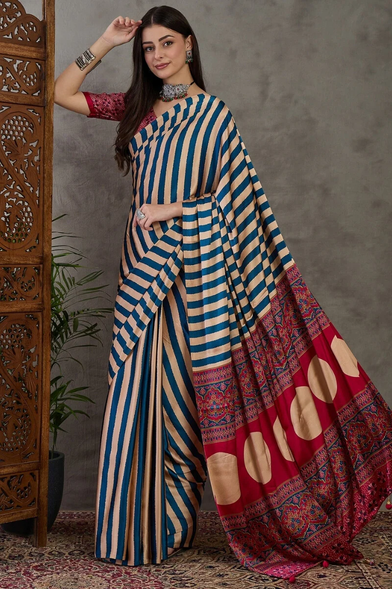 Serendipity Navy Blue Ajrakh Printed Semi Modal Silk Saree With Unique Blouse Piece - Image 5