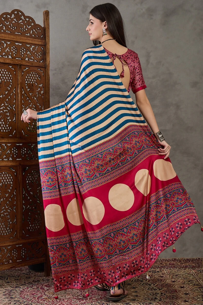 Serendipity Navy Blue Ajrakh Printed Semi Modal Silk Saree With Unique Blouse Piece - Image 7