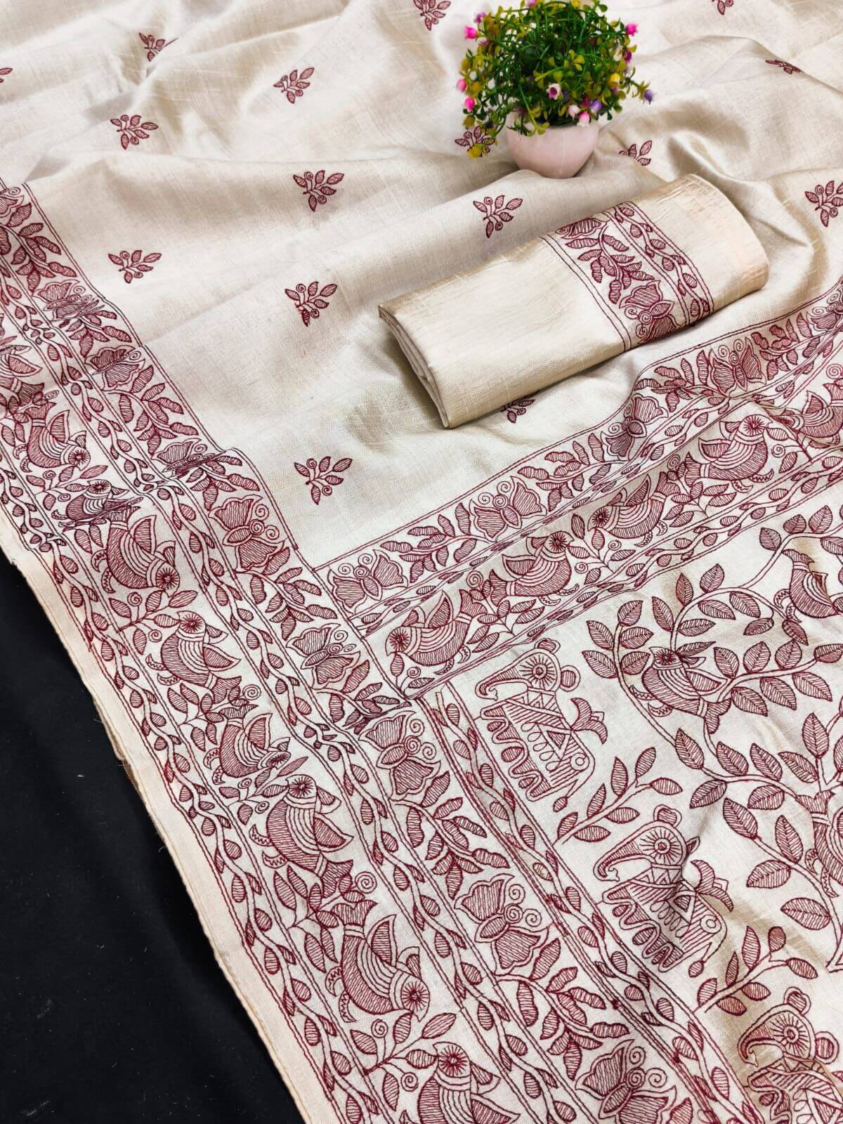 Serendipity Off White Embroidery Work Tussar Silk Saree With Desuetude Blouse Piece - Image 4