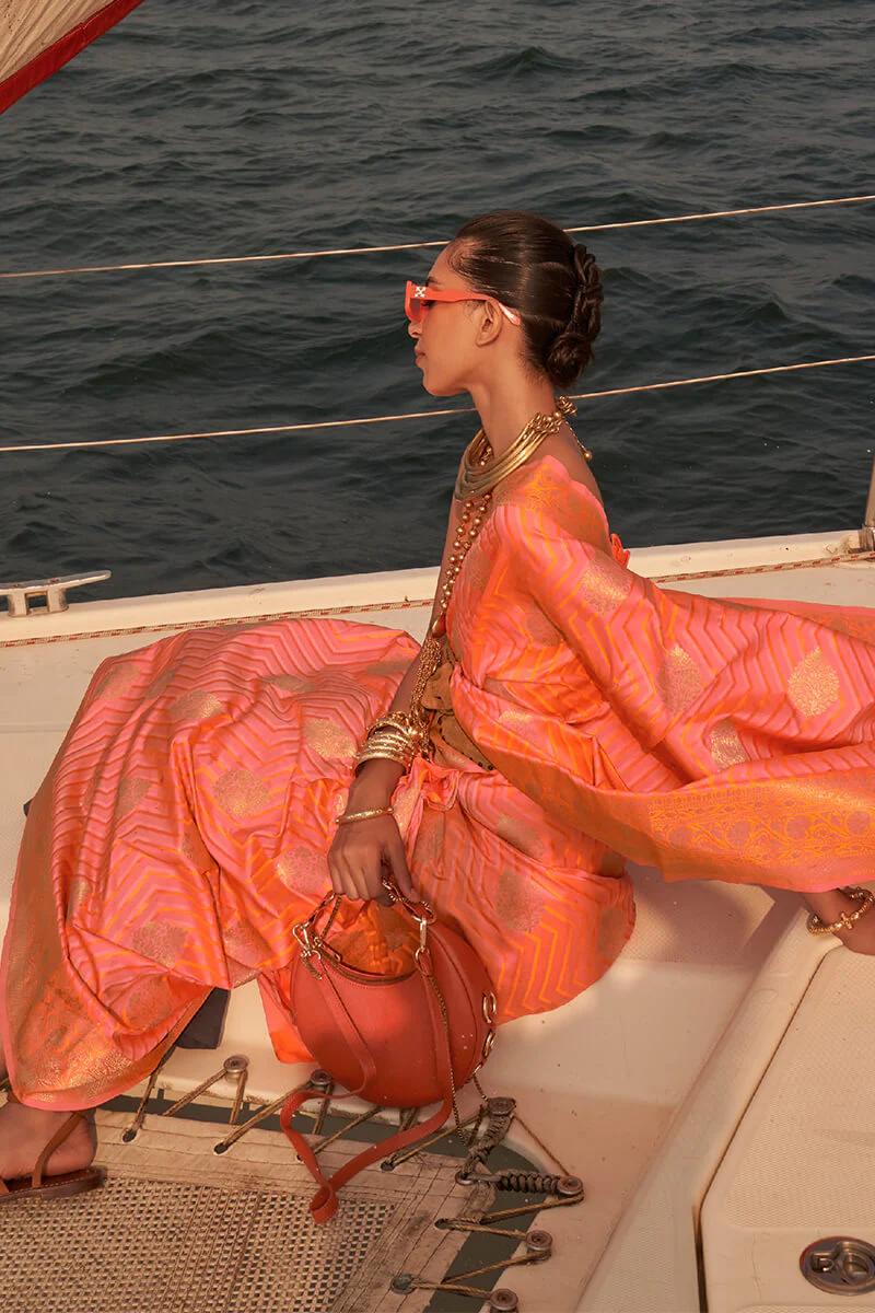 Serendipity Pink Soft Banarasi Silk Saree With Denouement Blouse Piece - Image 2