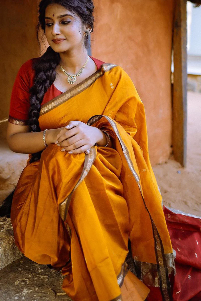 Serendipity Yellow Cotton Silk Saree With Enchanting Blouse Piece - Image 3