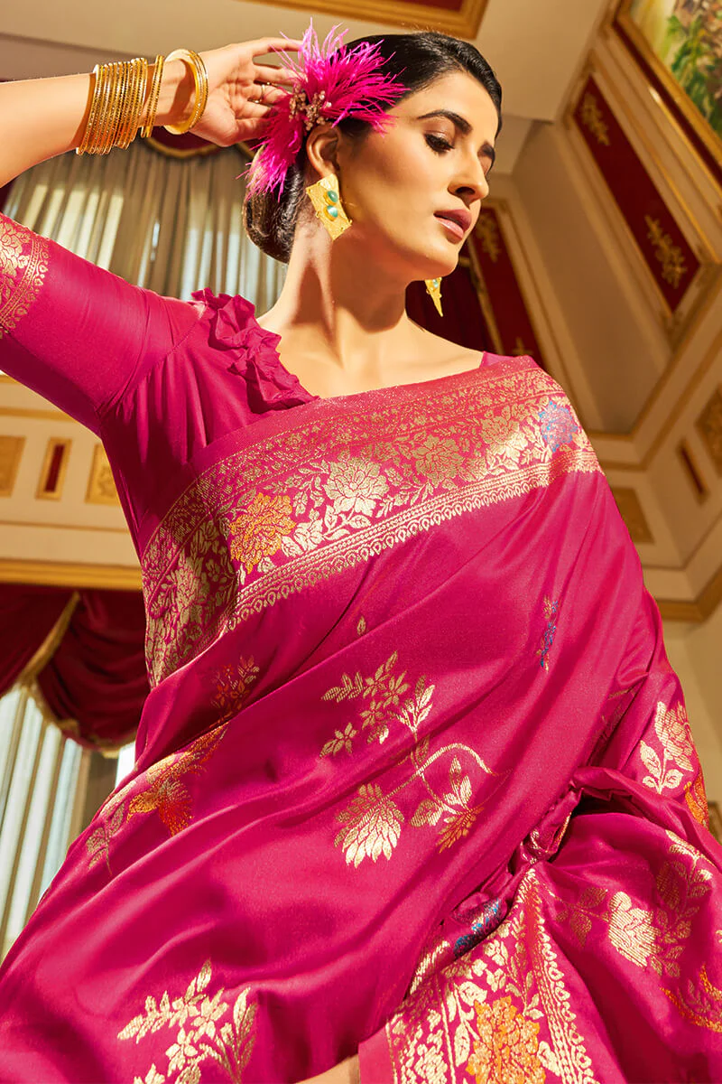 Sizzling Dark Pink Soft Banarasi Silk Saree With Staring Blouse Piece - Image 2