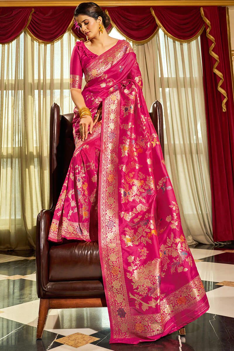 Sizzling Dark Pink Soft Banarasi Silk Saree With Staring Blouse Piece - Image 3