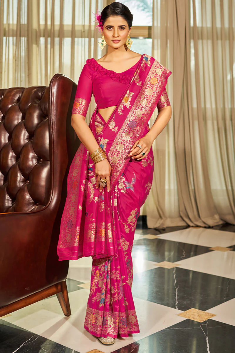Sizzling Dark Pink Soft Banarasi Silk Saree With Staring Blouse Piece - Image 4