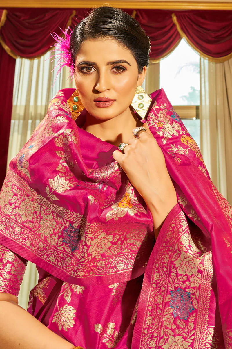 Sizzling Dark Pink Soft Banarasi Silk Saree With Staring Blouse Piece - Image 5