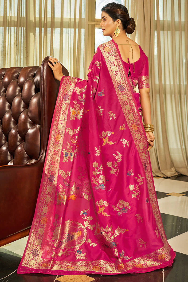Sizzling Dark Pink Soft Banarasi Silk Saree With Staring Blouse Piece - Image 6