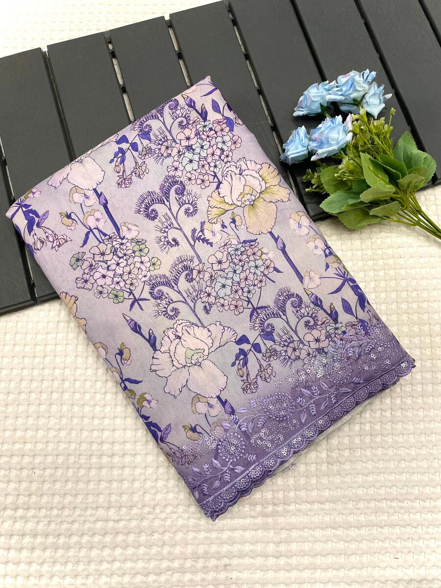 Sizzling Lavender Embroidery Work Tussar Silk Saree With Unequalled Blouse Piece - Image 2