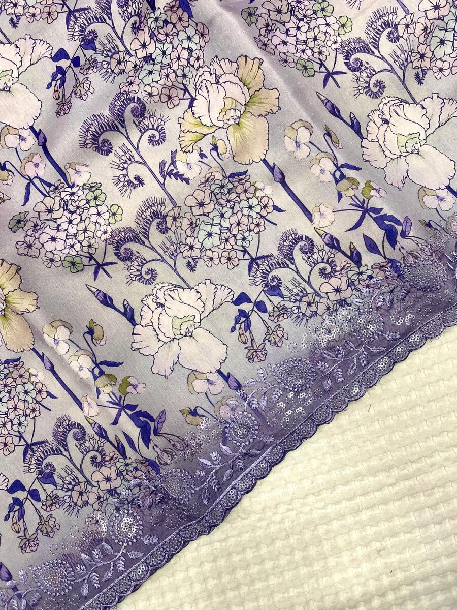 Sizzling Lavender Embroidery Work Tussar Silk Saree With Unequalled Blouse Piece - Image 3