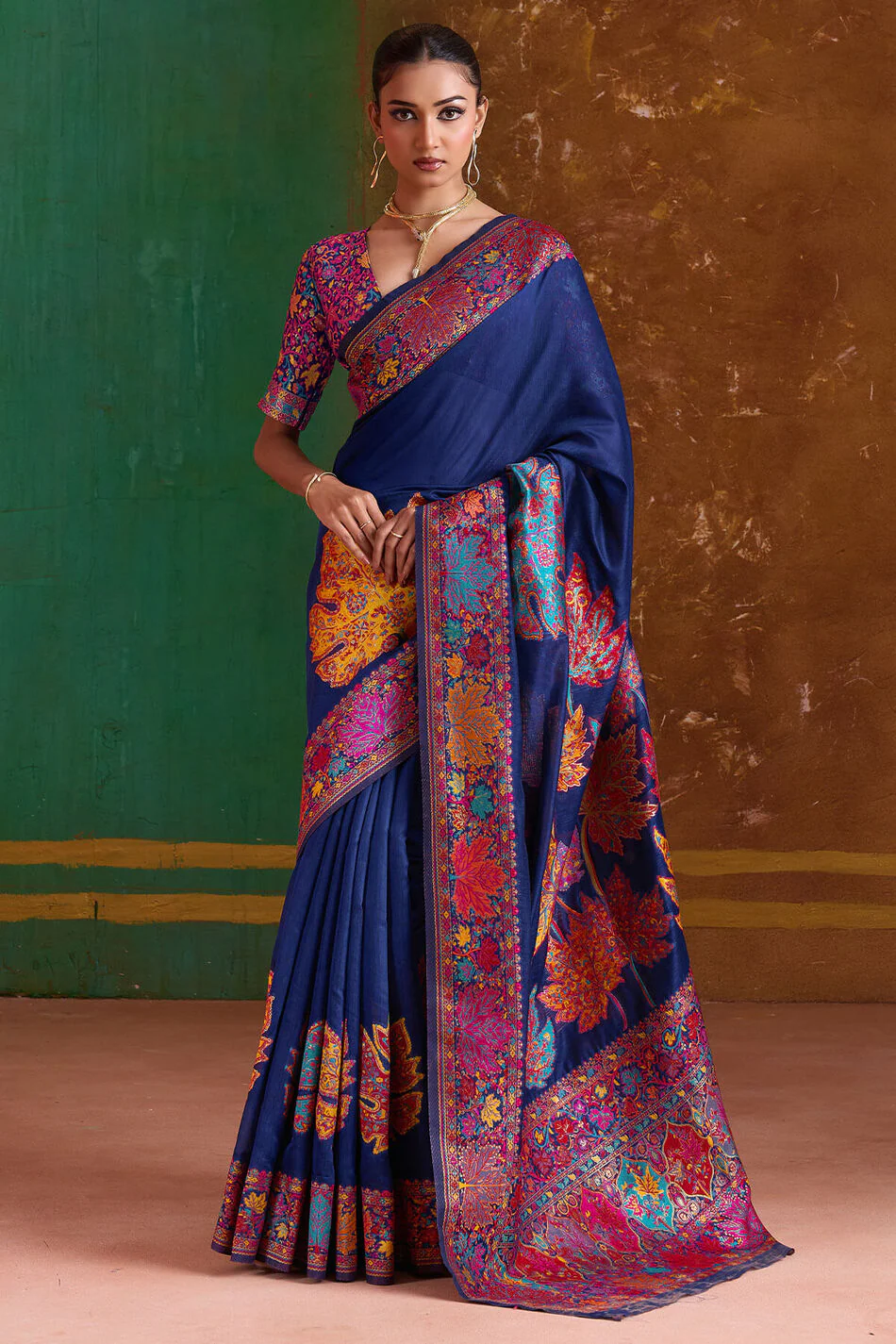 Sizzling Navy Blue Pashmina Saree With Incredible Blouse Piece