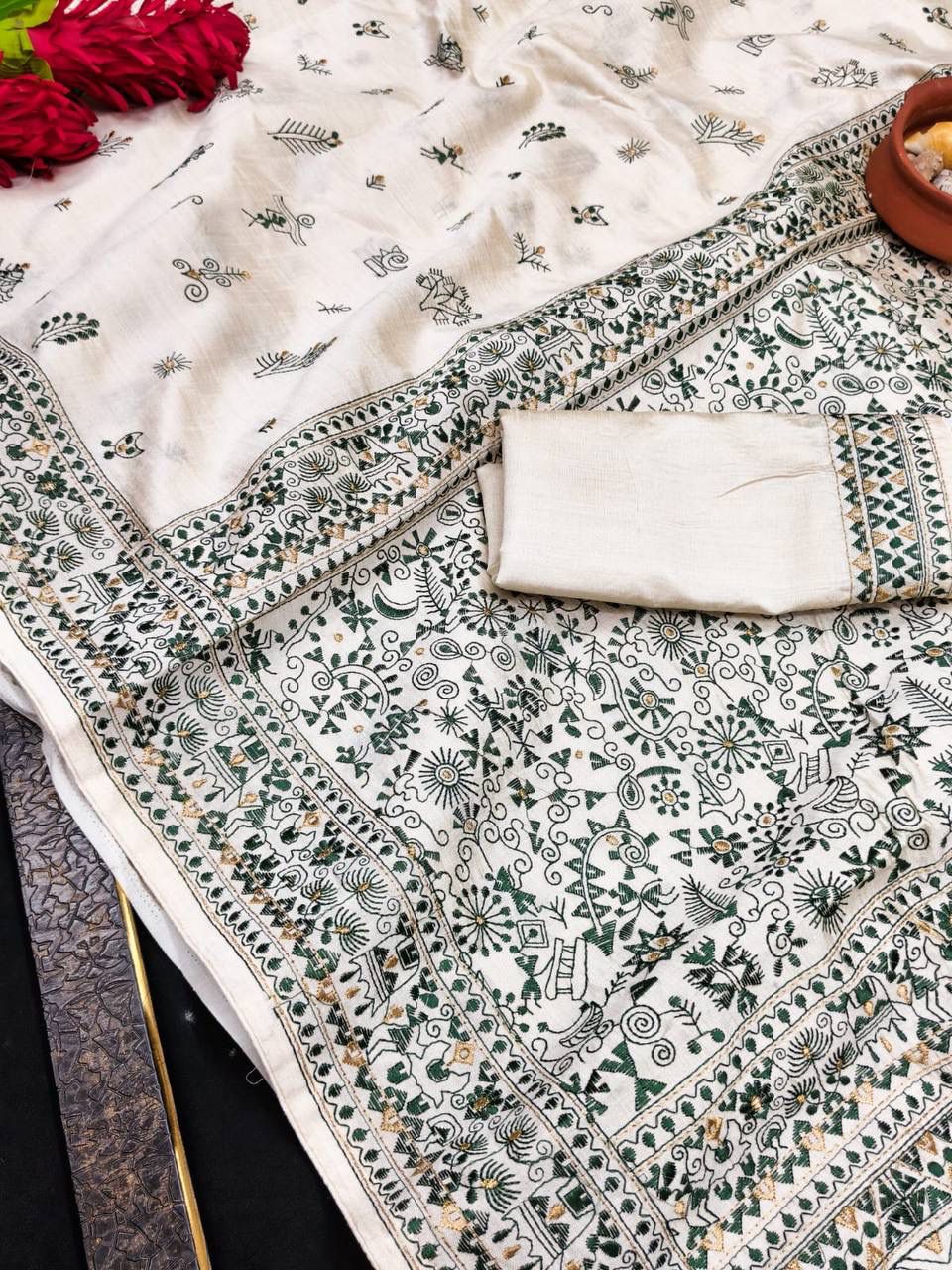 Sizzling Off White Embroidery Work Tussar Silk Saree With Enamoring Blouse Piece - Image 2