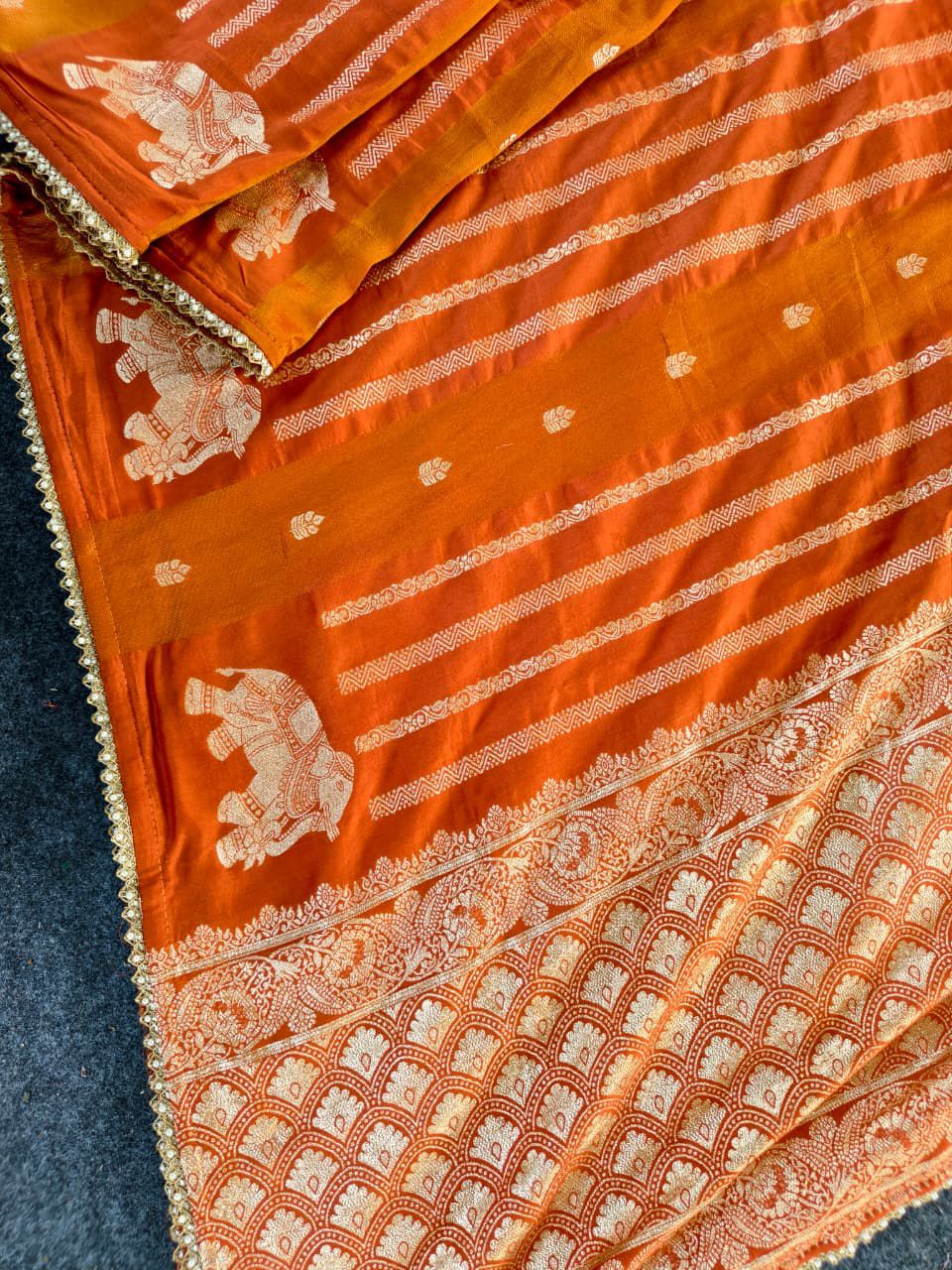 Sizzling Orange Banarasi Georgette Silk Saree With Jubilant Blouse Piece - Image 3