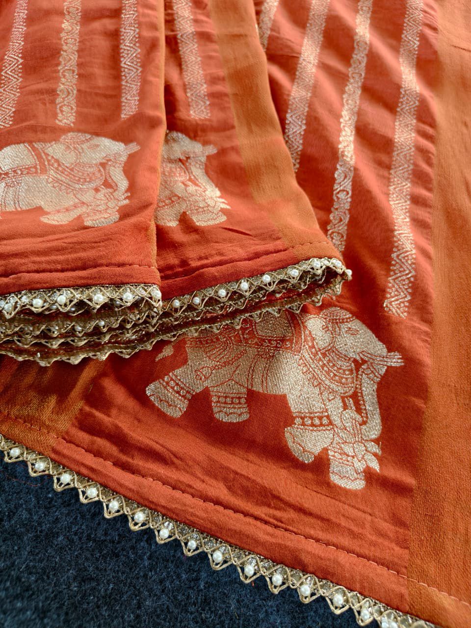 Sizzling Orange Banarasi Georgette Silk Saree With Jubilant Blouse Piece - Image 4