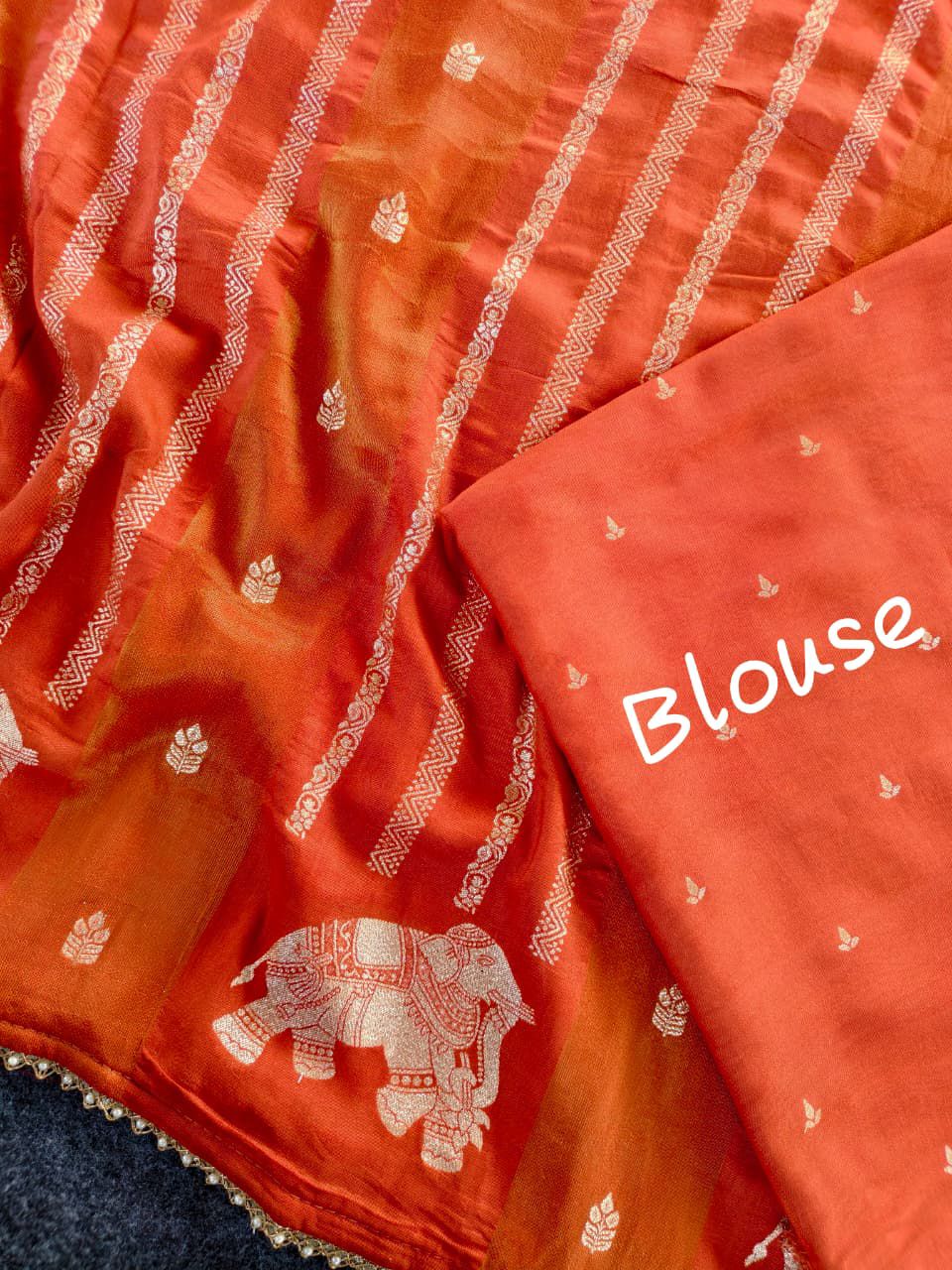 Sizzling Orange Banarasi Georgette Silk Saree With Jubilant Blouse Piece - Image 5