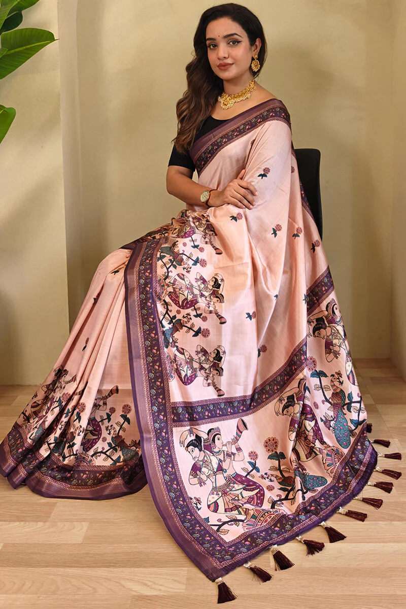 Sizzling Pink Kalamkari Printed Viscose Dola Silk Saree With Pretty Blouse Piece - Image 2